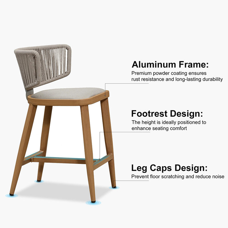 PURPLE LEAF Outdoor Bar Stool Set of 2 Modern Rattan Bar Chairs with Woven Rope Back Wicker Patio Barstools for Indoor Kitchen Garden
