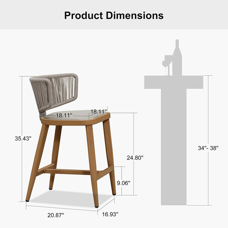 PURPLE LEAF Outdoor Bar Stool Set of 2 Modern Rattan Bar Chairs with Woven Rope Back Wicker Patio Barstools for Indoor Kitchen Garden