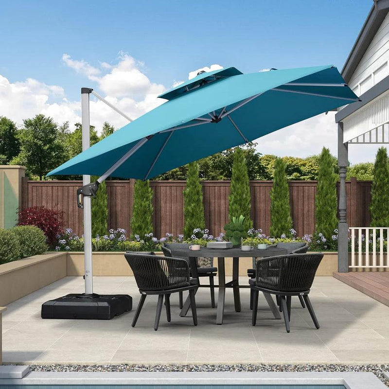 【Outdoor Idea】PURPLE LEAF Double Top Cantilever Umbrella, Outdoor Patio Umbrella with Base, Turquoise Blue - Purple Leaf Garden