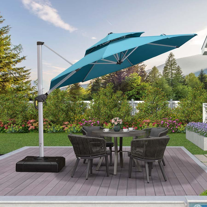 【Outdoor Idea】PURPLE LEAF Double Top Cantilever Umbrella, Outdoor Patio Umbrella with Base, Turquoise Blue - Purple Leaf Garden