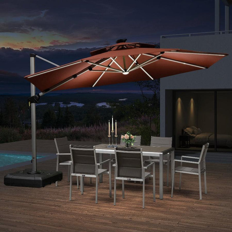 【Outdoor Idea】PURPLE LEAF Double Top Outdoor Patio Umbrella with Light, LED Cantilever Umbrella with Base - Purple Leaf Garden