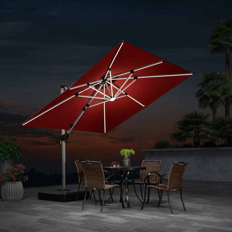 【Outdoor Idea】PURPLE LEAF Double Top Outdoor Patio Umbrella with Light, LED Cantilever Umbrella with Base - Purple Leaf Garden