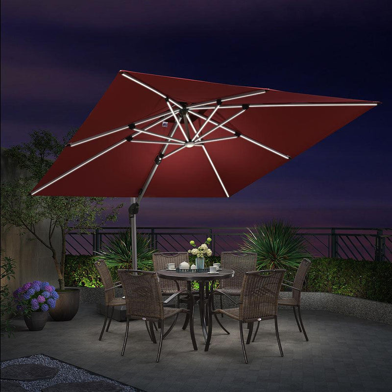 【Outdoor Idea】PURPLE LEAF Double Top Outdoor Patio Umbrella with Light, LED Cantilever Umbrella with Base - Purple Leaf Garden