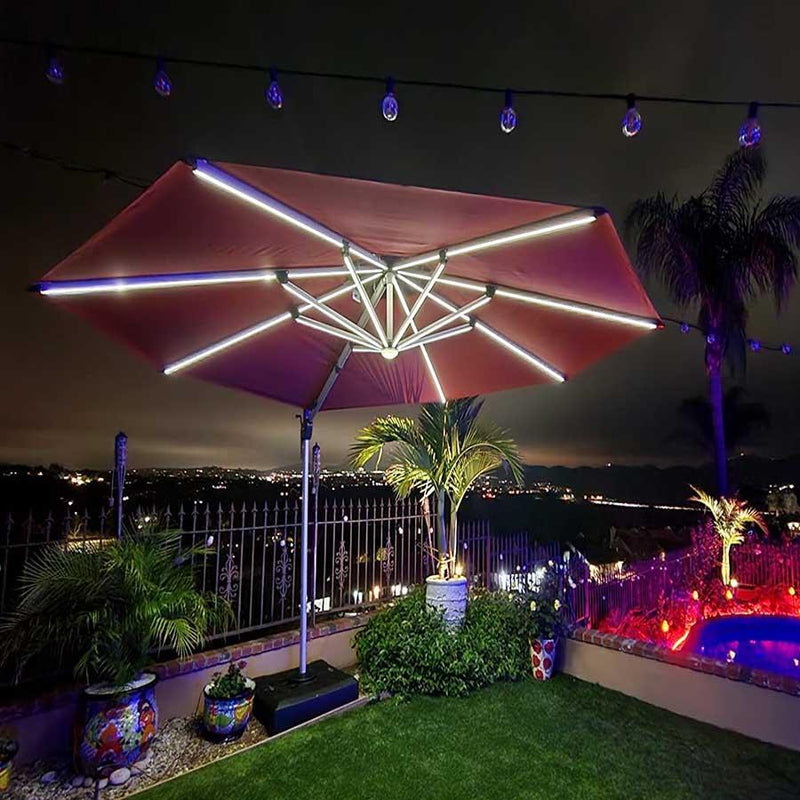 【Outdoor Idea】PURPLE LEAF Double Top Outdoor Patio Umbrella with Light, LED Cantilever Umbrella with Base - Purple Leaf Garden