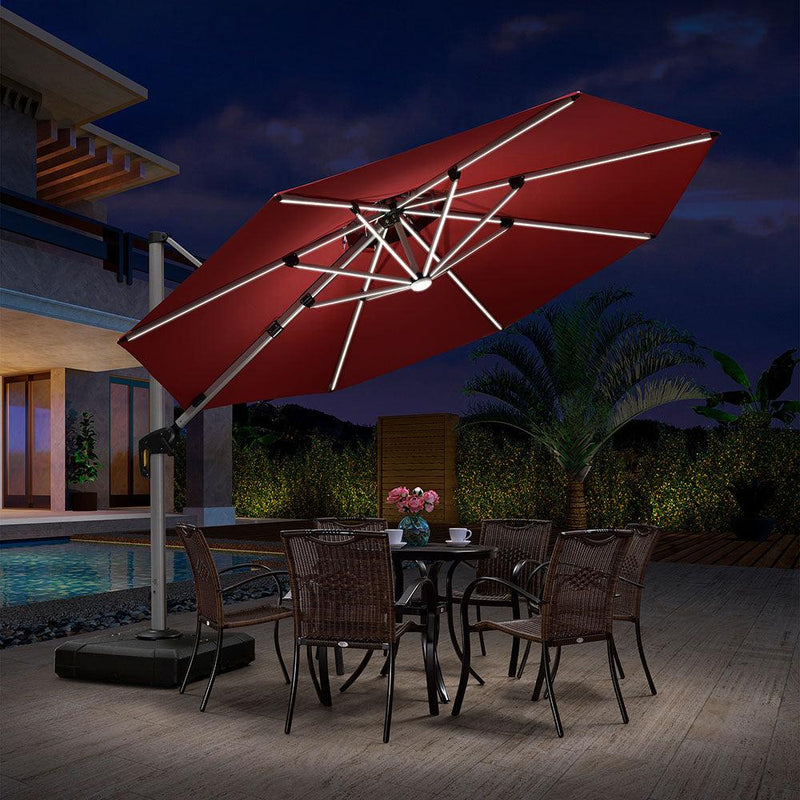 【Outdoor Idea】PURPLE LEAF Double Top Outdoor Patio Umbrella with Light, LED Cantilever Umbrella with Base - Purple Leaf Garden