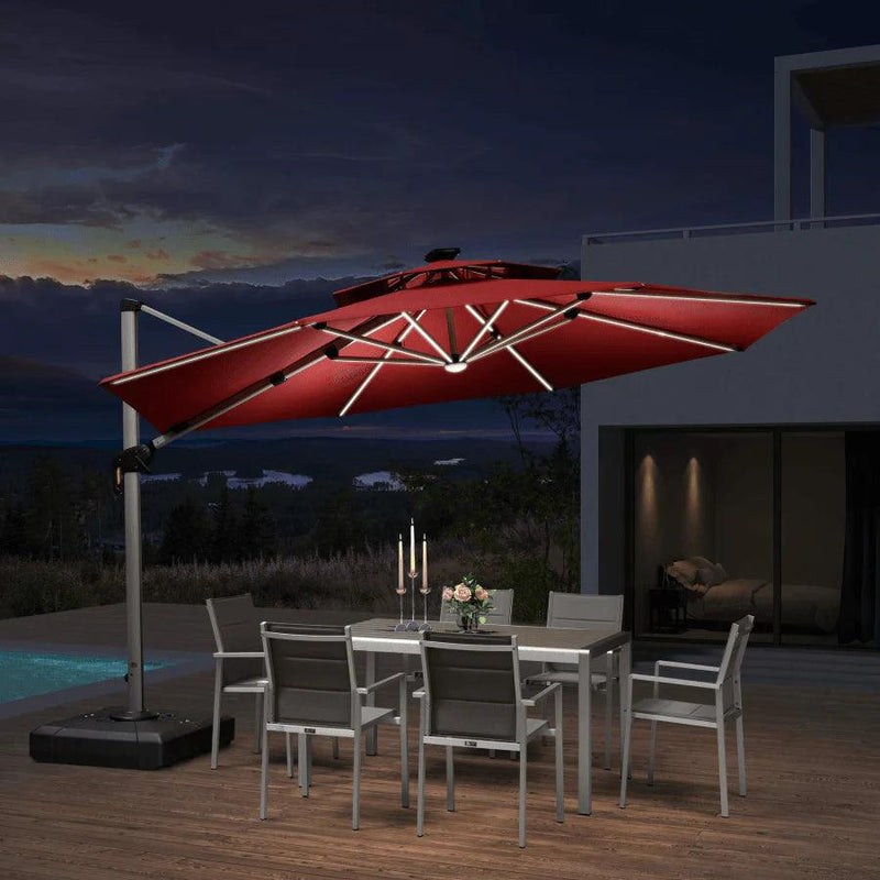 【Outdoor Idea】PURPLE LEAF Double Top Outdoor Patio Umbrella with Light, LED Cantilever Umbrella with Base - Purple Leaf Garden