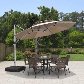 【Outdoor Idea】PURPLE LEAF Double Top Outdoor Patio Umbrella with Light, LED Cantilever Umbrella with Base - Purple Leaf Garden