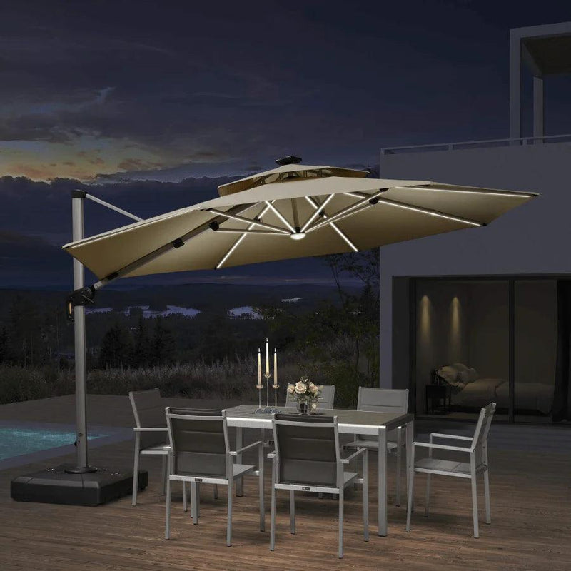 【Outdoor Idea】PURPLE LEAF Double Top Outdoor Patio Umbrella with Light, LED Cantilever Umbrella with Base - Purple Leaf Garden