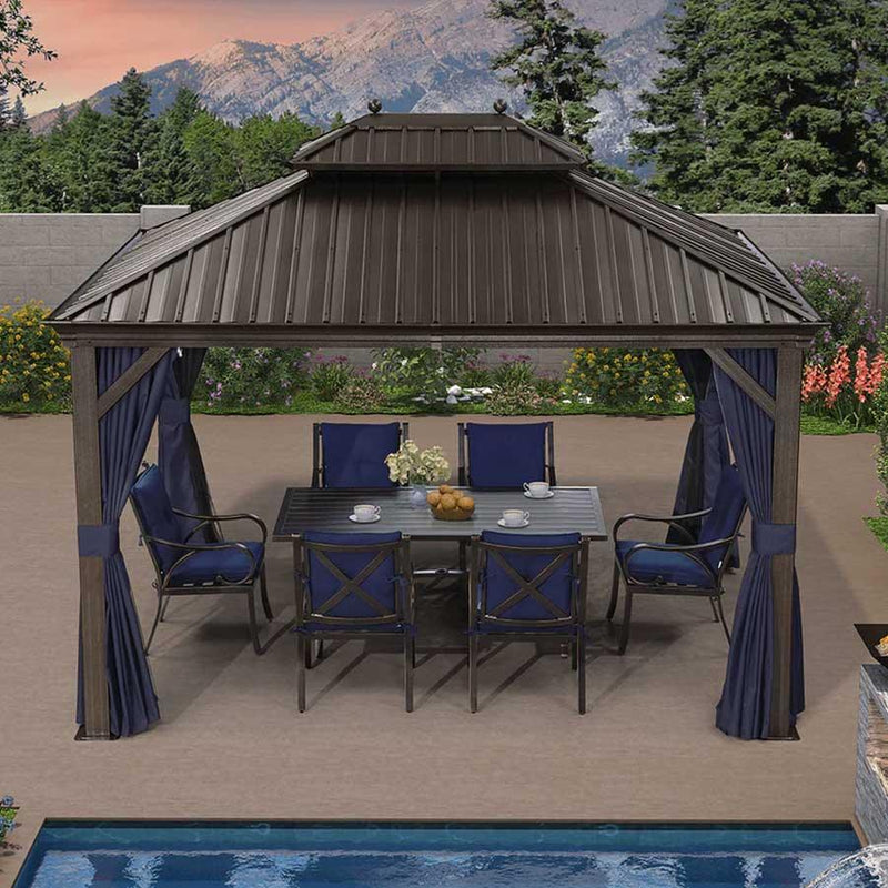 【Outdoor Idea】PURPLE LEAF Hardtop Gazebo with Bronze Aluminum Frame Navy Blue Curtain Outdoor Dining Sets-Bundle sales - Purple Leaf Garden