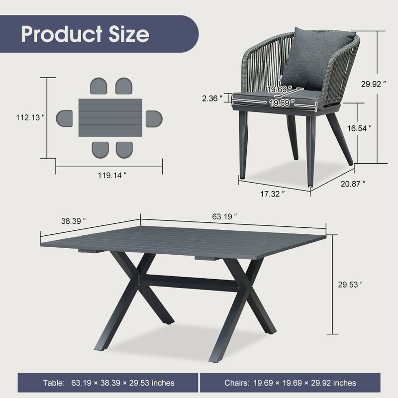 PURPLE LEAF Patio Dining Sets with Aluminum Frame Table & Handwoven Wicker Chairs Grey