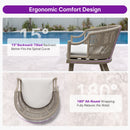 PURPLE LEAF outdoor wicker dining chair with 15° tilted backrest and 180° wrap for comfort.