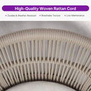 Close-up of beige woven rattan cord on PURPLE LEAF outdoor dining chair, durable and weather-resistant.