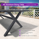 Purple Leaf aluminum outdoor dining table with reinforced X-frame legs and slatted top.