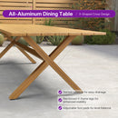 PURPLE LEAF all-aluminum patio dining table with slatted top and X-shaped cross legs.