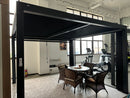 PURPLE LEAF black louvered pergola with adjustable louvers and seating area.
