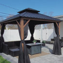 PURPLE LEAF Metal Gazebo Double Roof Wood Grain Aluminum Frame with Curtains and Netting with Lights-milky