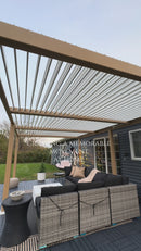 PURPLE LEAF Caesar Louvered Pergola Outdoor Wood Grain Aluminum Pergola with Adjustable Roof Patio Rainproof Hardtop Gazebo With Milky Lights