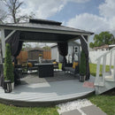 PURPLE LEAF Patio Hardtop Gazebo for Outdoor Grey Galvanized Steel Double Roof White Aluminum Poles with Curtains and String Lights-milky