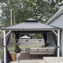 PURPLE LEAF Modern Gazebo Grey Hardtop Galvanized Steel Double Roof White Aluminum Poles with Curtains and Netting with Lights-milky