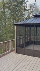 PURPLE LEAF Bronze Frame Sunroom Hardtop Gazebo Solarium Wood Grain Columns Galvanized Steel Double Roof All-Weather Screen House