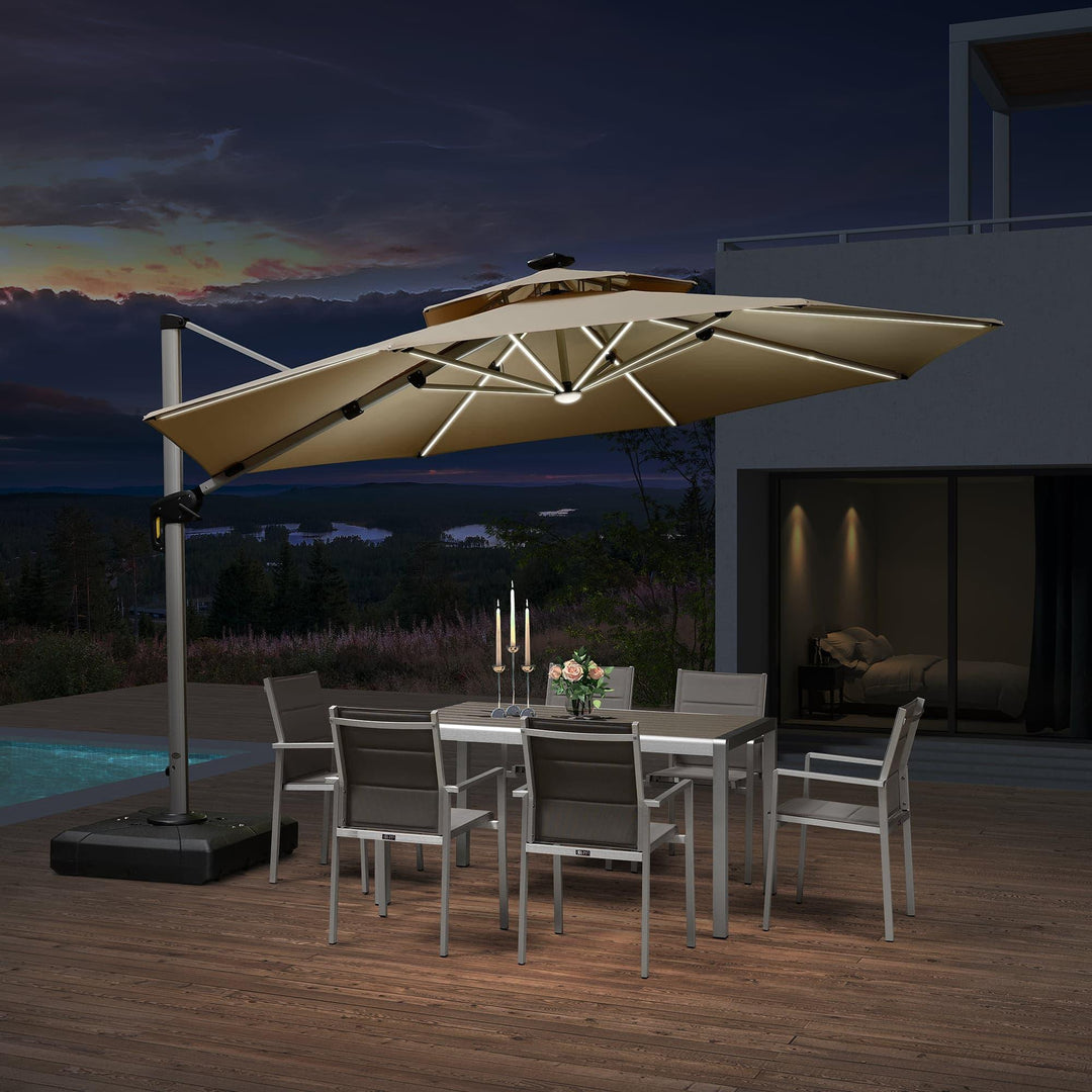 10/11/12ft Solar LED Round Cantilever Patio Umbrella