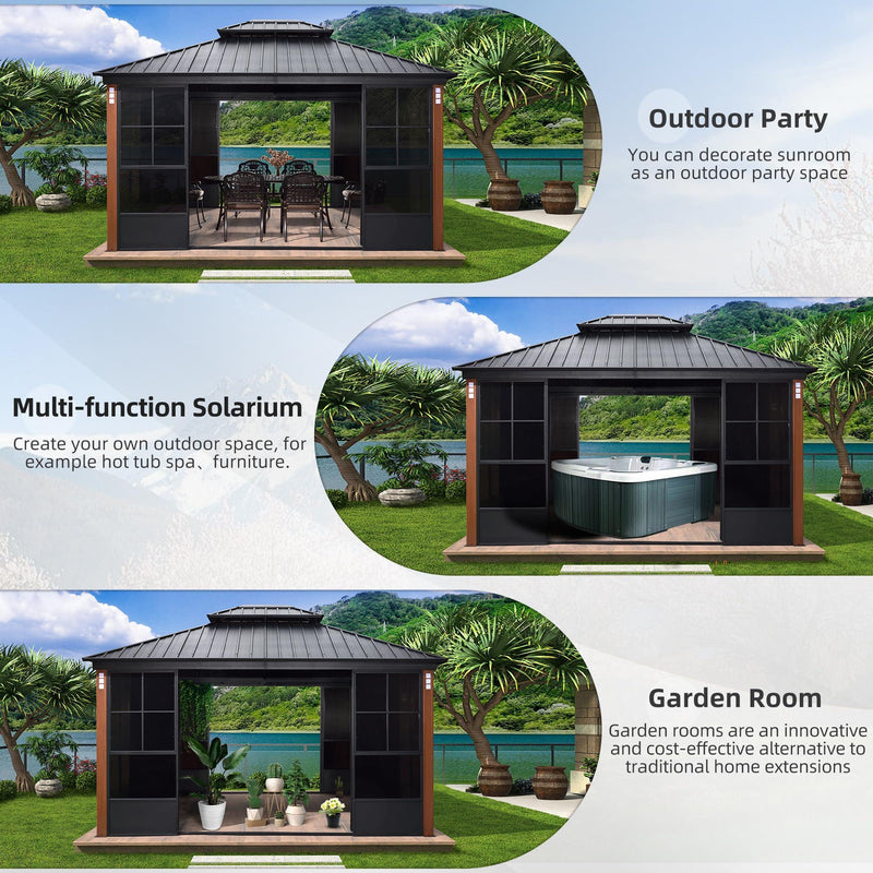 PURPLE LEAF 12' x 14' Hardtop Gazebo For Patio Screen House Backyard Sunroom With LED Lights Outdoor Aluminum Solarium Canopy - Purple Leaf Garden