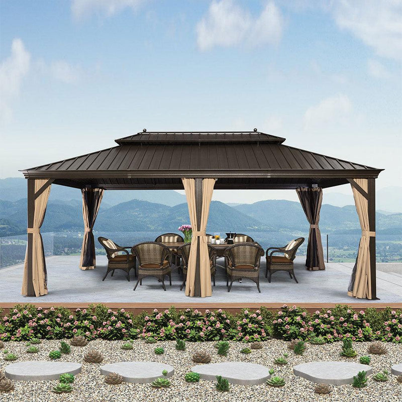 PURPLE LEAF 12' x 20' Large Outdoor Hardtop Gazebo for Patio Backyard with Double Bronze Hard Roof and Khaki Curtains - Purple Leaf Garden