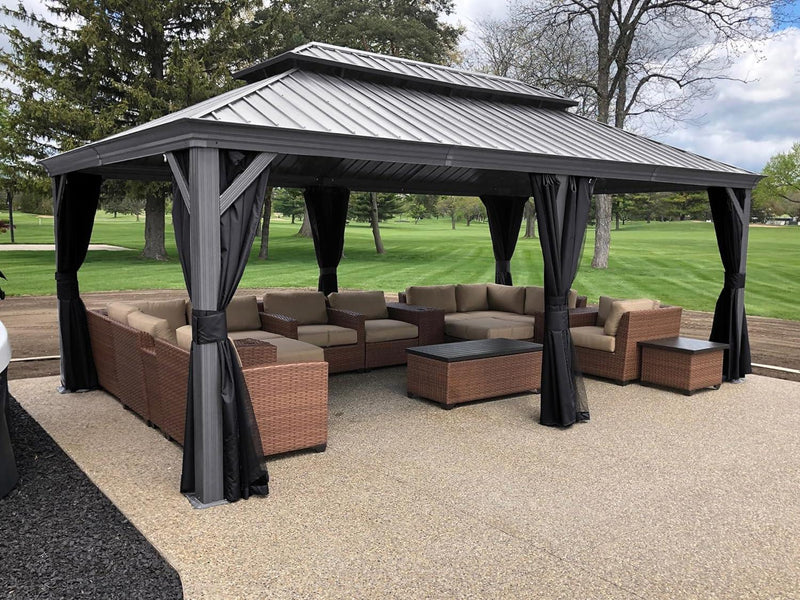 PURPLE LEAF 12' x 20' Large Outdoor Hardtop Gazebo for Patio Backyard with Double Hard Roof and Netting - Purple Leaf Garden