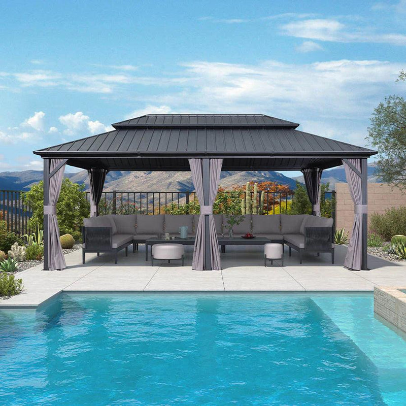 PURPLE LEAF 12' x 20' Outdoor Grey Hardtop Gazebo for Patio Backyard with Heavy Duty Galvanized Steel Double Roof - Purple Leaf Garden