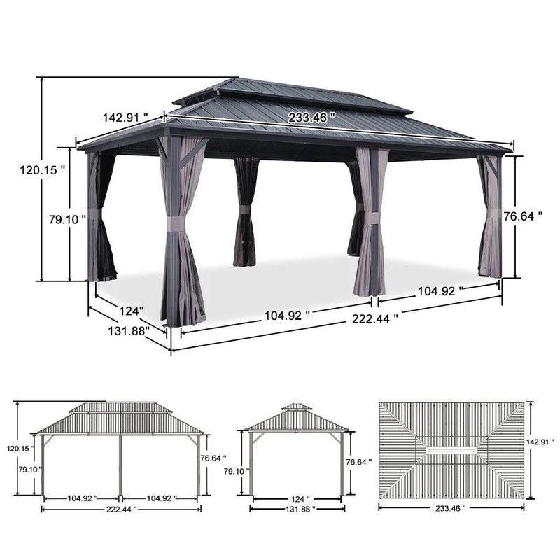 PURPLE LEAF 12' x 20' Outdoor Grey Hardtop Gazebo for Patio Backyard with Heavy Duty Galvanized Steel Double Roof - Purple Leaf Garden