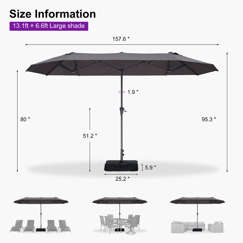 PURPLE LEAF Double-Sided Market Umbrella Large Rectangular Patio Umbrellas with Base
