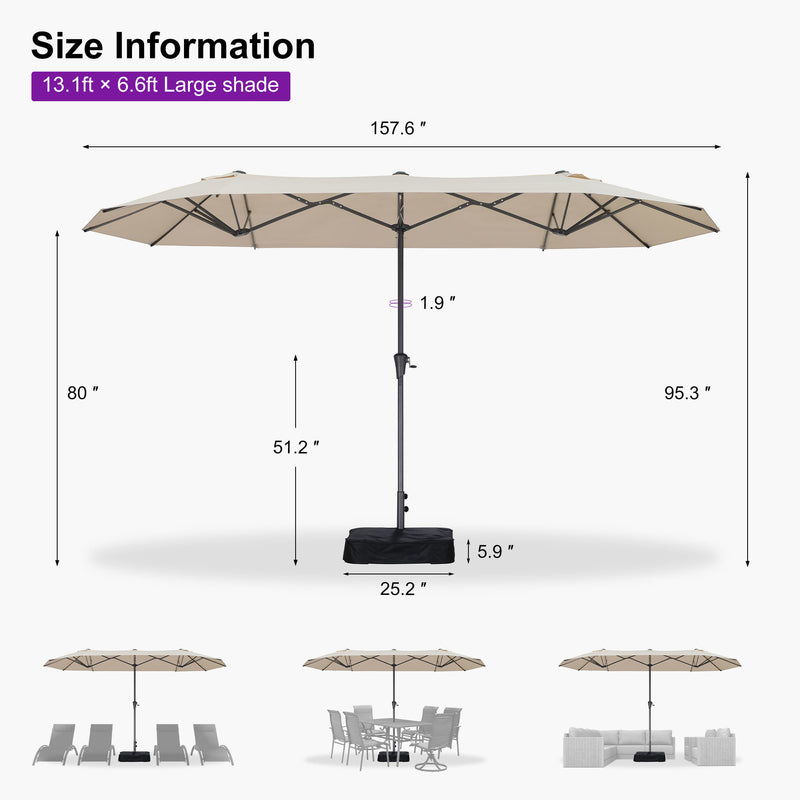 PURPLE LEAF Double-Sided Market Umbrella Large Rectangular Patio Umbrellas with Base