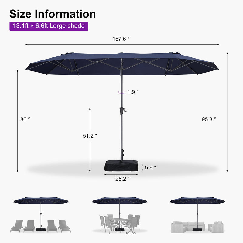 PURPLE LEAF Double-Sided Market Umbrella Large Rectangular Patio Umbrellas with Base