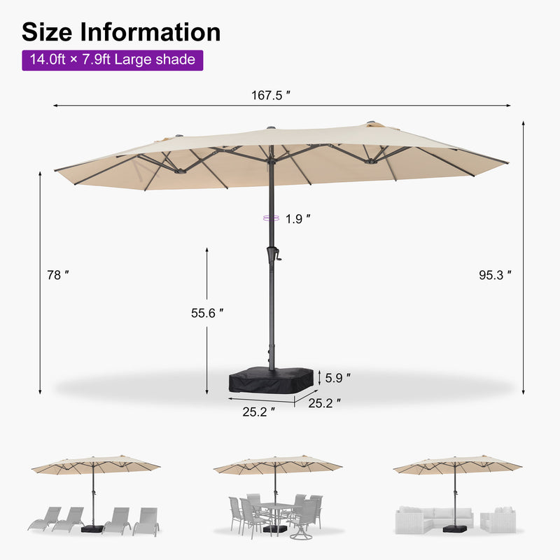 PURPLE LEAF Double-Sided Market Umbrella Large Rectangular Patio Umbrellas with Base