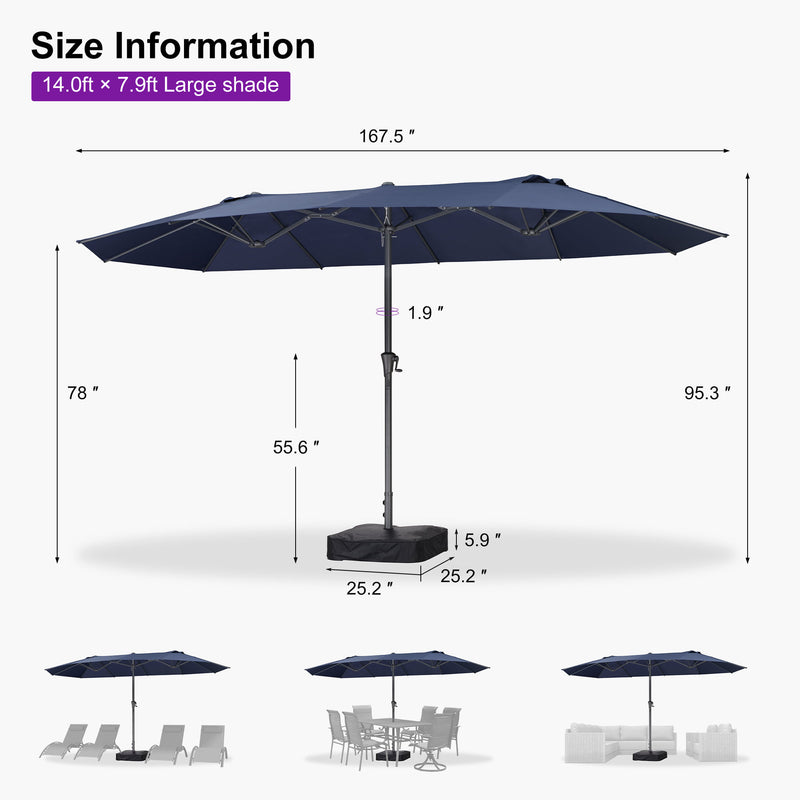 PURPLE LEAF Double-Sided Market Umbrella Large Rectangular Patio Umbrellas with Base