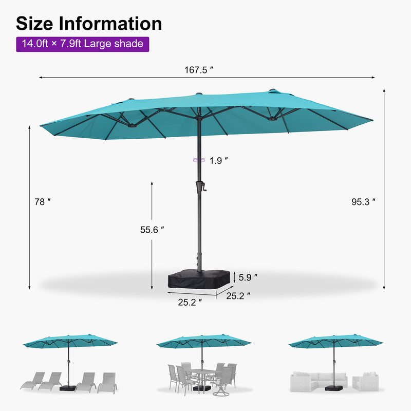 PURPLE LEAF Double-Sided Market Umbrella Large Rectangular Patio Umbrellas with Base