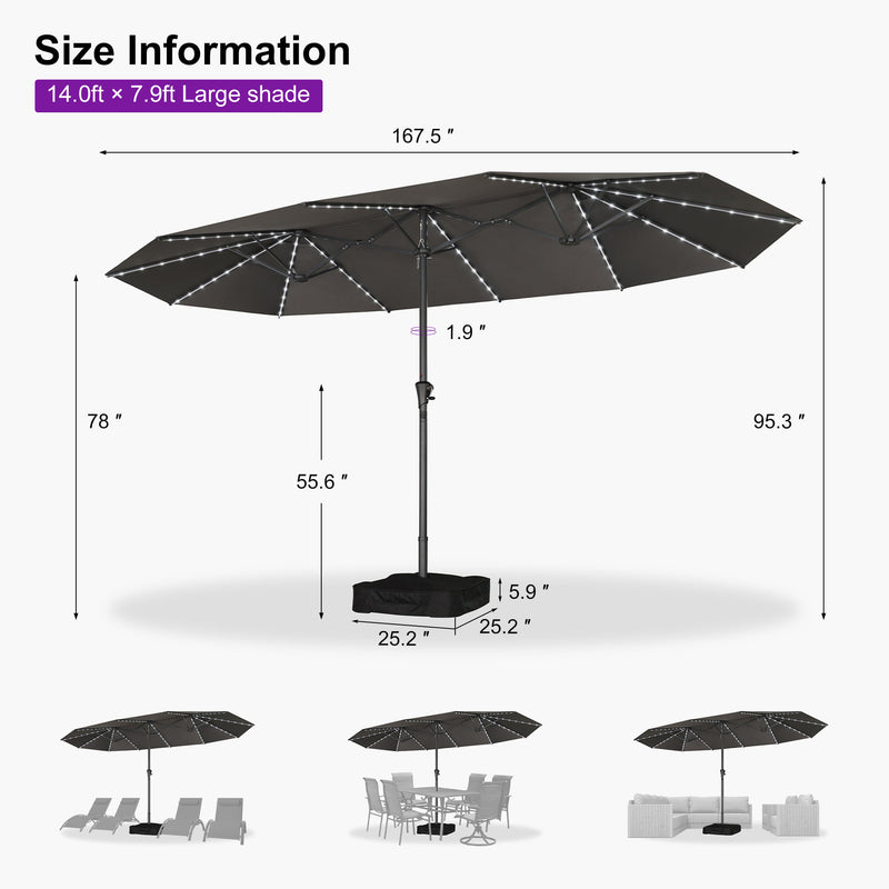 PURPLE LEAF Double-Sided Market Umbrella with Light Large Patio Umbrellas with Base