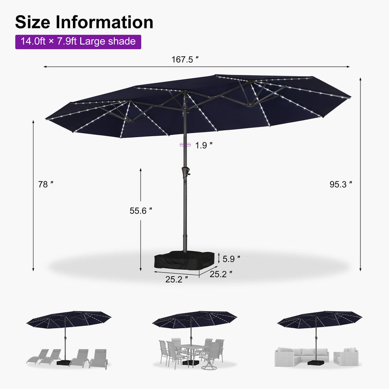 PURPLE LEAF Double-Sided Market Umbrella with Light Large Patio Umbrellas with Base