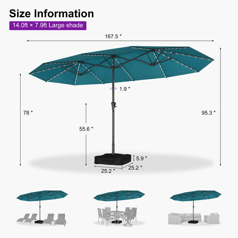 PURPLE LEAF Double-Sided Market Umbrella with Light Large Patio Umbrellas with Base