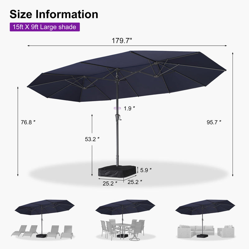 PURPLE LEAF Double-Sided Market Umbrella Large Rectangular Patio Umbrellas with Base