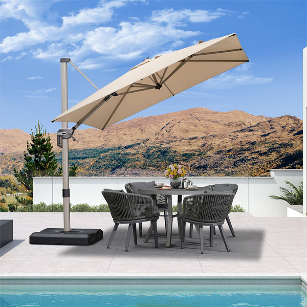 hyvee patio umbrella Garvee 10' Solar Lights Offset Umbrella, Cantilever with Easy Lift & Tilt Adjustment, 8 Ribs Sun Umbrella UV Protection, Grey Made from high Shop our patio furniture before