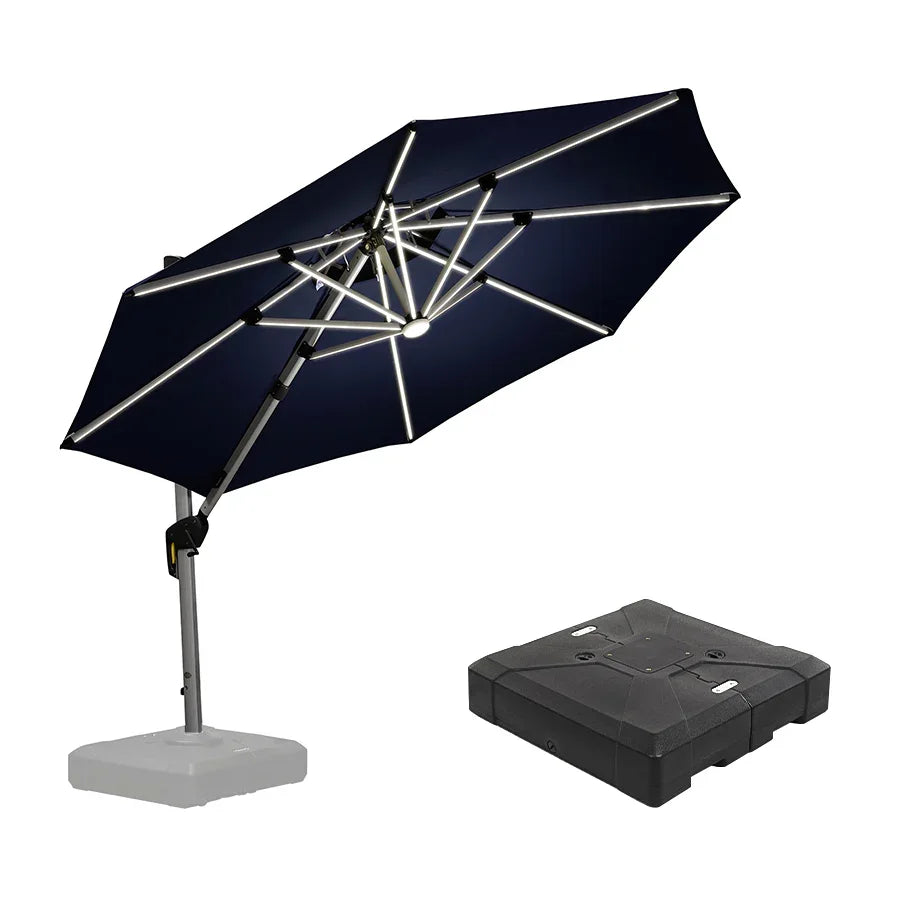 Outdoor Umbrella with Base & Solar LED Cantilever Umbrellas 10' Round / Navy Blue Outdoor Umbrella with Base & Solar LED Cantilever Umbrellas 10' Round / Navy Blue