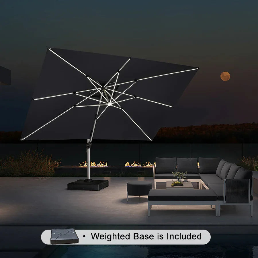Cantilever Umbrella with LED Lights | 360° Swivel & Base
