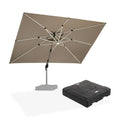 Beige PURPLE LEAF double-top rectangular cantilever umbrella with LED lights and base.