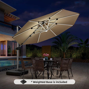Outdoor Umbrella with Base & Solar LED Cantilever Umbrellas 11' Round / Beige