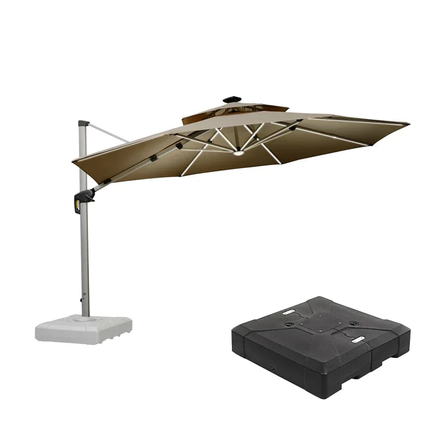 Outdoor Umbrella with Base & Solar LED Cantilever Umbrellas 11' Round / Beige