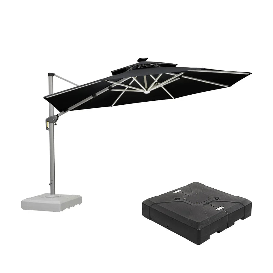Outdoor Umbrella with Base & Solar LED Cantilever Umbrellas 11' Round / Black