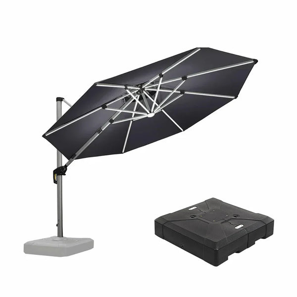 Outdoor Umbrella with Base & Solar LED Cantilever Umbrellas 11' Round / Grey
