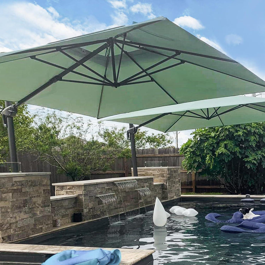 beige olefin patio umbrella with scalloped edges