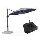 Grey cantilever patio umbrella with base. Patio shade solution with UV protection.